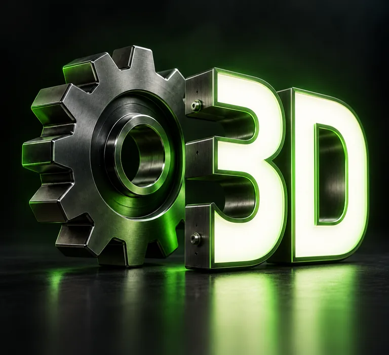 Grafika: napis 3D i koło zębate, etap produkcji