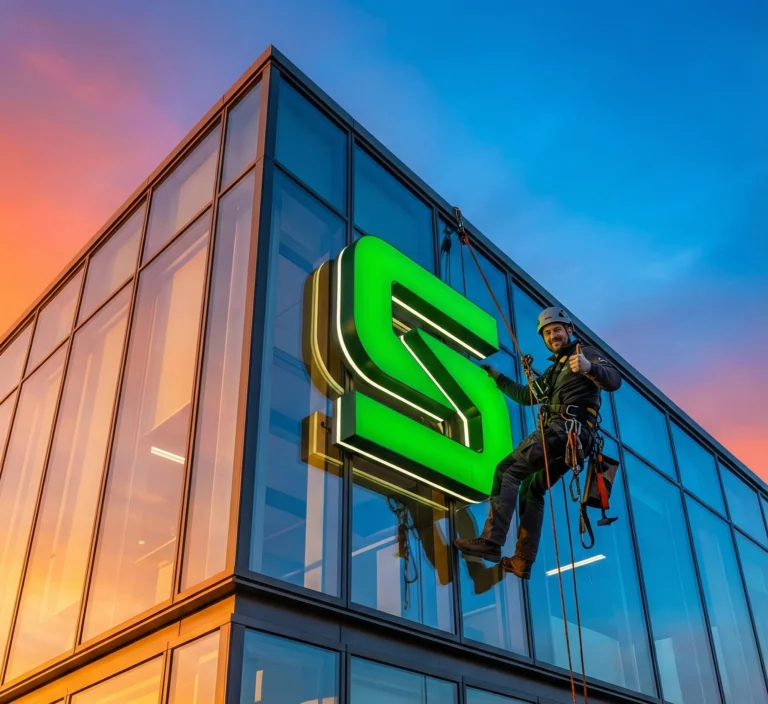 Nowoczesne oznakowanie firmy 2026, matowe litery 3D z efektem halo na elewacji z dibondu - realizacja SewTeam