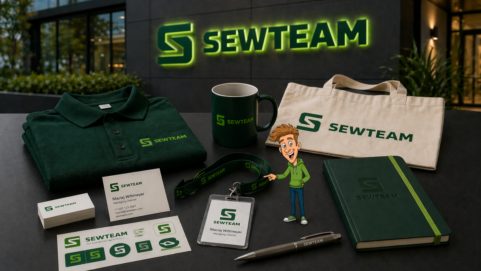 Welcome pack pracowniczy z logo firmy, bluza z haftem, termos, notatnik, teczka onboardingowa, karta powitalna