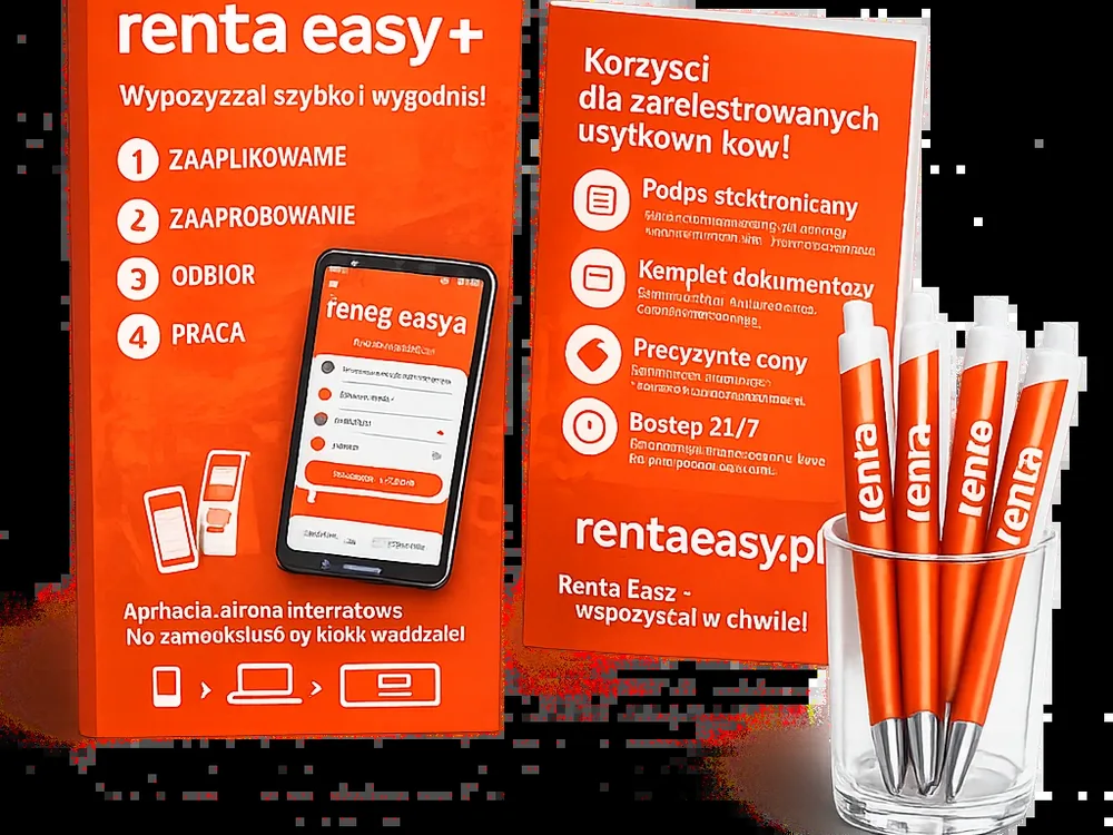 Materiały reklamowe dla marki renta: ulotka i długopisy z nadrukiem