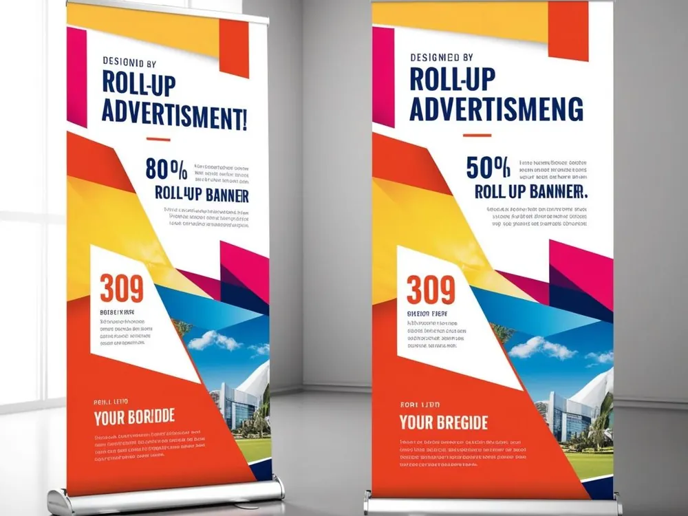 Rollupy reklamowe z grafiką firmową przy wejściu na stoisko