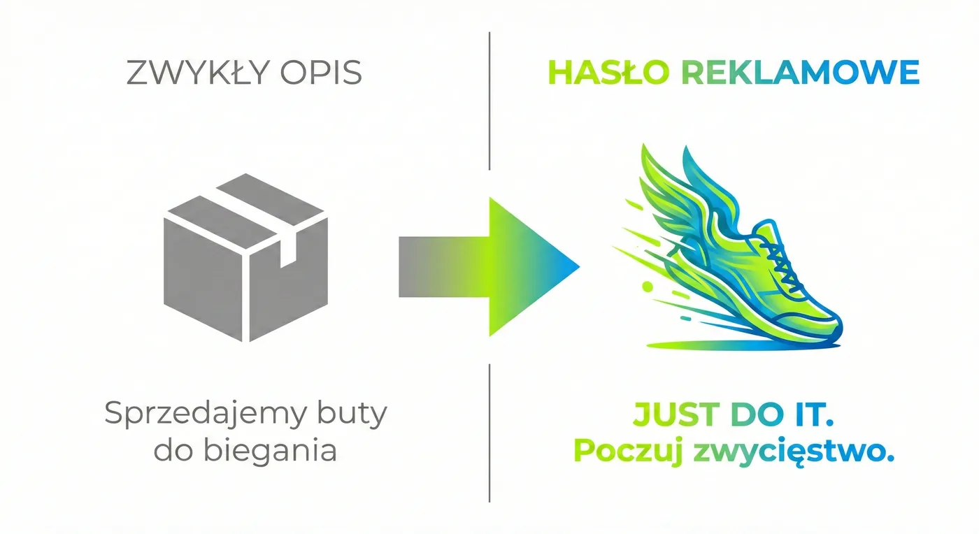 Infografika: zwykły opis produktu kontra hasło reklamowe