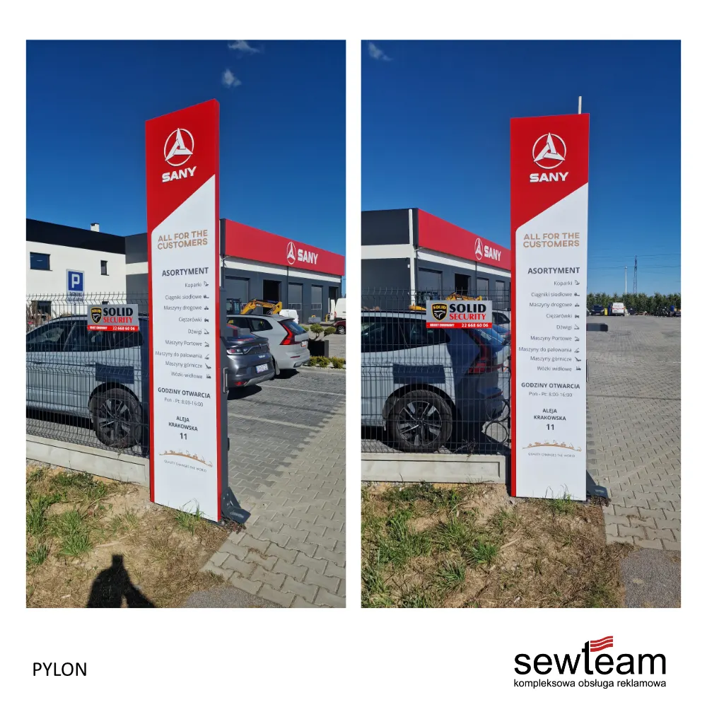 Pylon reklamowy z podświetlanym logo przy wjeździe na teren firmy
